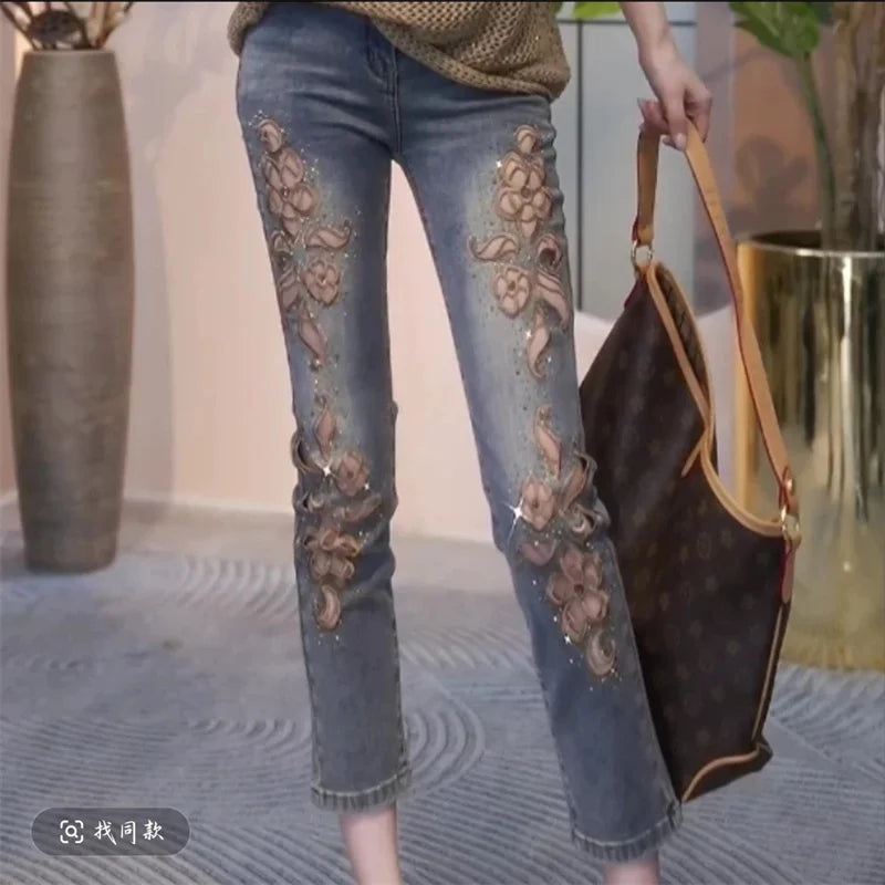 2025 Summer New Fashion Hollow Embroidered Jeans For Women Heavy Industry High Waist Slim Ankle-Length Pants Ladies Denim Pants