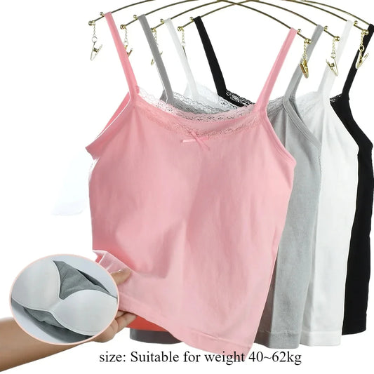 Women Padded Bra Tank Top Female Summer Crop Tops Girls Lace Slim Camisole Sexy Backless Vest With Built In Bra Y2k Streetwear
