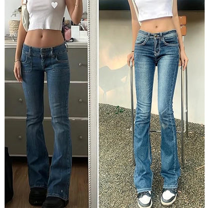 Women Vintage y2k Flared Jeans Retro Button-up Low Rise Casual Denim Pants Harajuku 2000s Aesthetic Trousers Basic Jeans