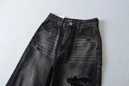 Women's Destroyed Jeans 2025 Spring Summer High Waist Loose Leg Floor-Length Distressed Denim Vintage Daily Staple