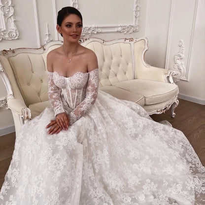 White Flowers Embroidery Lace Wedding Dresses Long Sleeves Strapless vestidos Side Slit Customized FormalEvening BridesmaidDress