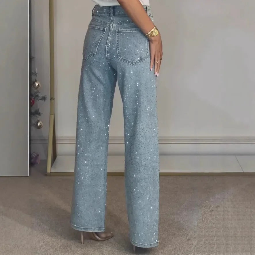 Women's full diamond washed denim jeans women's high-end high waisted straight leg pants spicy pants