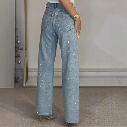 Women's full diamond washed denim jeans women's high-end high waisted straight leg pants spicy pants