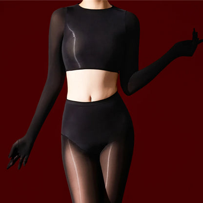 Sexy Women 5D 912 Pin Glove Sleeve Short Top Elastic T-shirt Sheer See Through Maid Tights Oil Glossy Shiny Crop Tops Yoga Wear