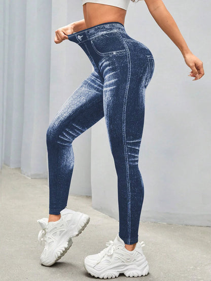 Women Imitation Jeans Leggings Gym Yoga Pants Casual Elastic Workout Exercise Fitness Running Tights Leggings