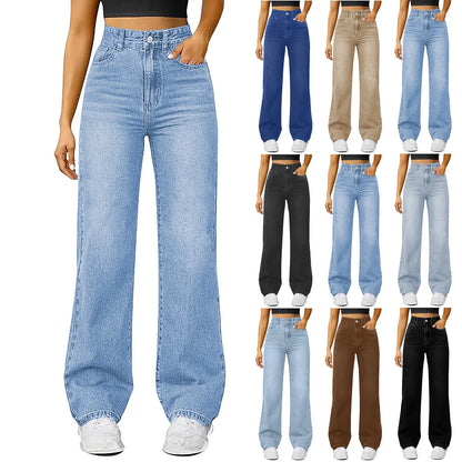 Women'S Straight Jeans Solid Color Distressed High Waist Design Retro Trousers American Hot Girl Style Pants Daily Street Wear