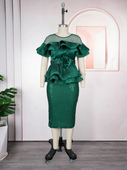 2026 New Plus Size European African Evening Dress Turkish Sequin Ruffle Long Dress Women Elegant Wedding Party Gown