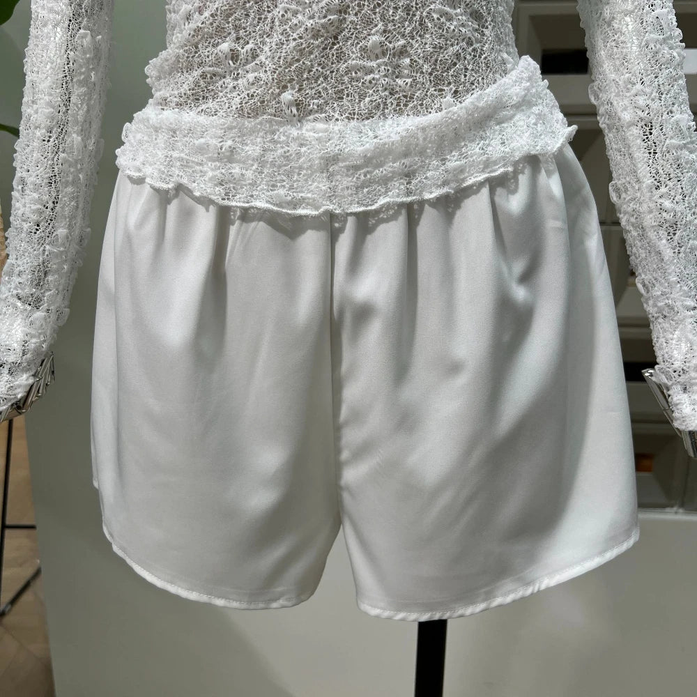 Chic Sheer Three Pieces Mini Dresses For Women Sexy O Neck Long Sleeve Tops Shorts Celebrity See Through Birthday Luxury Outfit