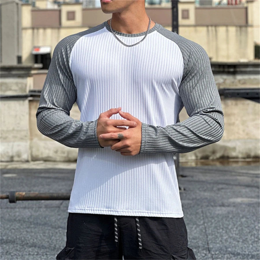Gym Fitness T-shirt Men Long Sleeve Splice color Shirt Male Bodybuilding Tees Tops Running Sports Quick Dry Training Clothing