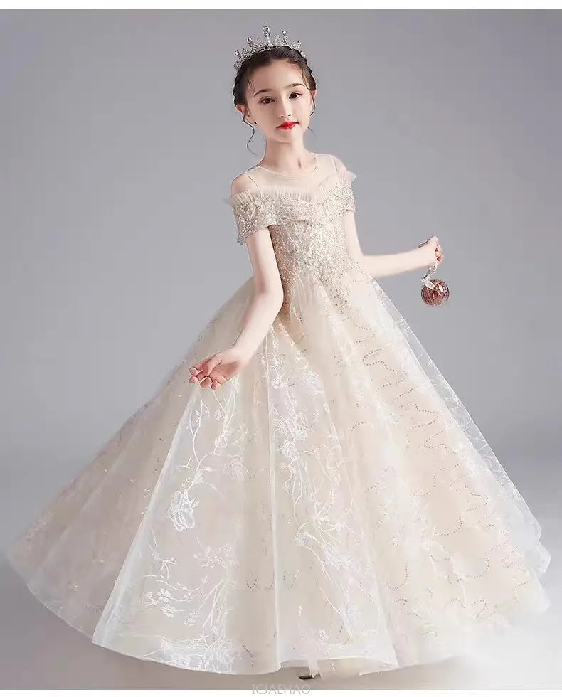 Long Dress 2025 Flower Girl Wedding Dresses Children GirlsGown Costume Kids Host Piano Outfits Birthday Party Vestido Princess