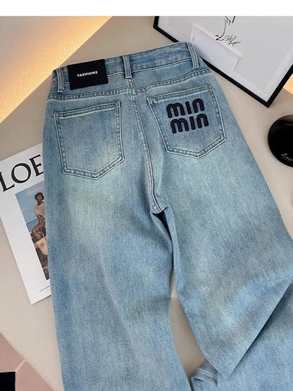 Letter Embroidered Straight-leg Jeans Women's Spring New High-waisted and Thin Loose Light Blue Straight-leg Pants
