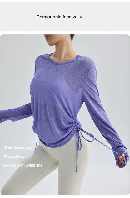 Thin Sunscreen Clothes Yoga Loose Top Drawstring Long Sleeve T-shirt Women's Gym Outdoor Exercise Clothing
