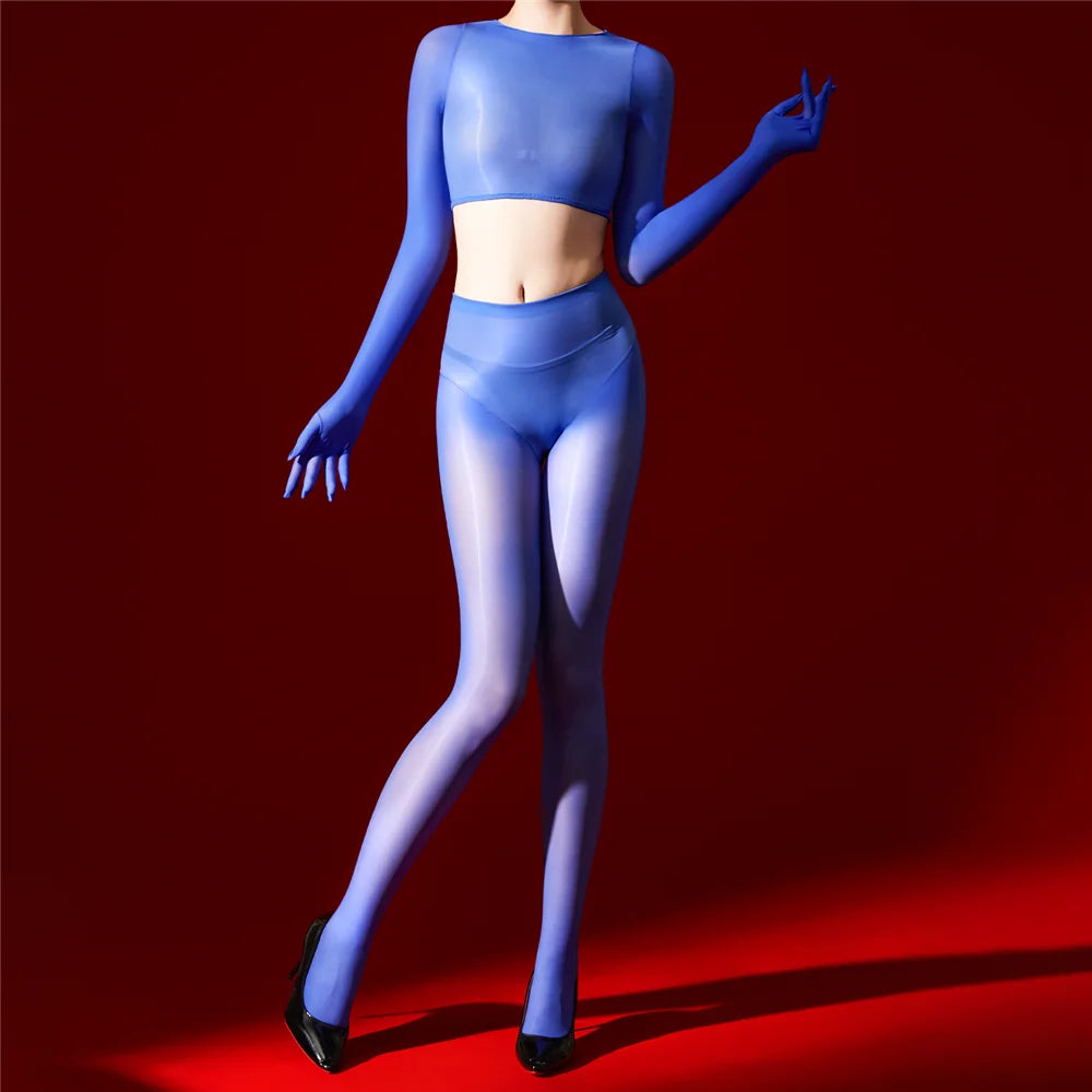 Sexy Women 5D 912 Pin Glove Sleeve Short Top Elastic T-shirt Sheer See Through Maid Tights Oil Glossy Shiny Crop Tops Yoga Wear