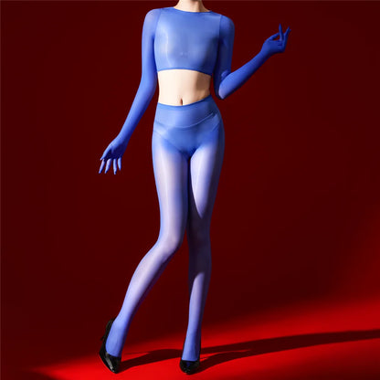 Sexy Women 5D 912 Pin Glove Sleeve Short Top Elastic T-shirt Sheer See Through Maid Tights Oil Glossy Shiny Crop Tops Yoga Wear