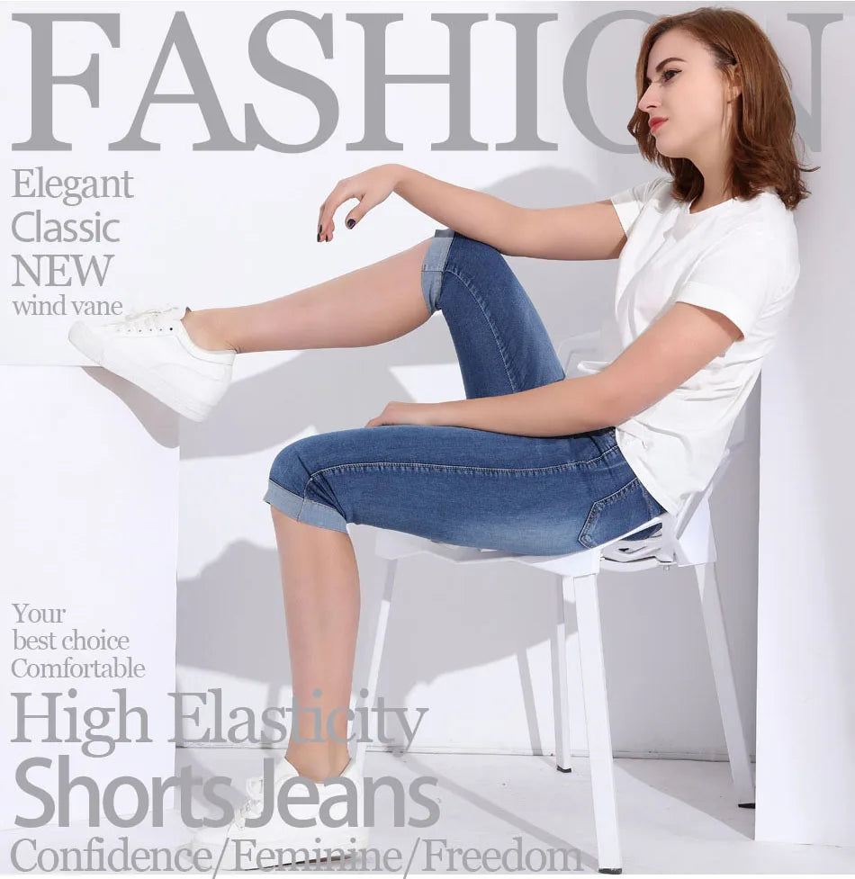 Summer Woman's Jeans Cropped Jeans Ladies Cropped Trousers Skinny Knee Length Jeans Women Elastic High Waist Mom Jeans Oversize