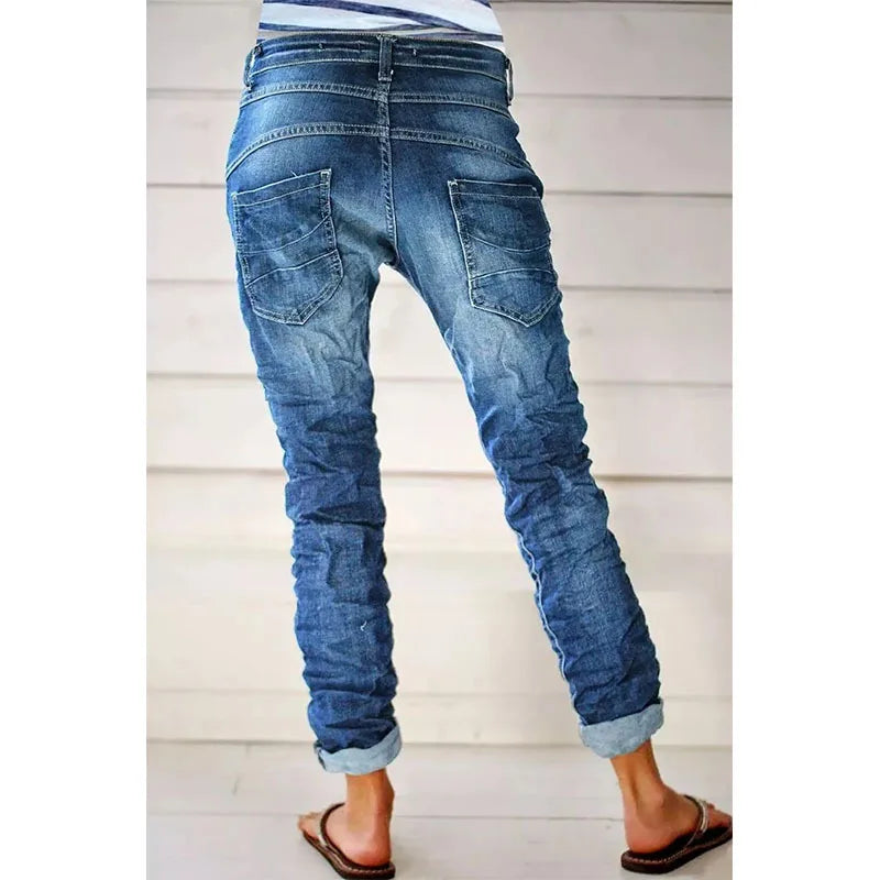 Jeans for Women Drawstring Elastic-waisted Jeans Casual Button Baggy Jeans Women Trousers Straight Women Wide-leg Pants Slouchy
