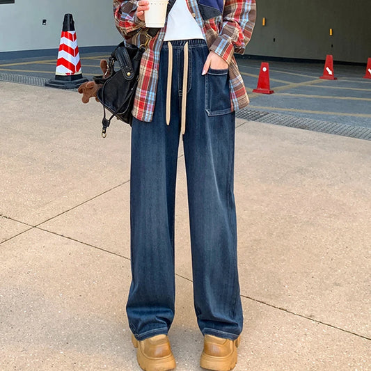 Women's Deep Blue High Waist Denim Pants 2025 Summer Casual Loose Drawstring Jeans Simple Pocket Straight Wide Leg Denim Pants