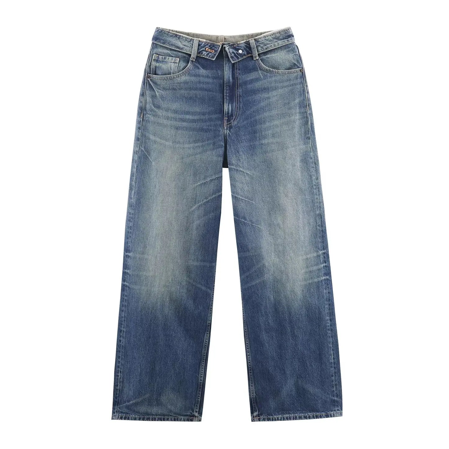 HH Women's 2025 New Fashion Retro Versatile Mid-Waist Turn-Down Jeans Female High Street Casual Ripped Decorative Wide Leg Pants