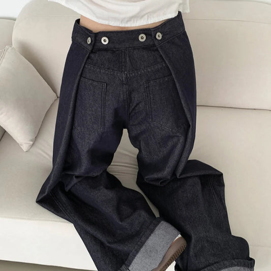 Waist Buckle Jeans Women Stylish High Waist Wide Leg BF Jeans Black Pants Loose Casual Denim Pants