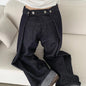 Waist Buckle Jeans Women Stylish High Waist Wide Leg BF Jeans Black Pants Loose Casual Denim Pants