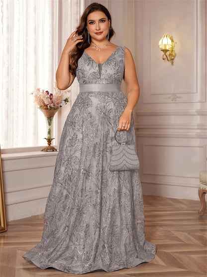 Plus Size Luxury Deep V-Neck Sequins Blue Evening Dress Women Elegant V-back Wedding Party Long Prom Cocktail Dresses