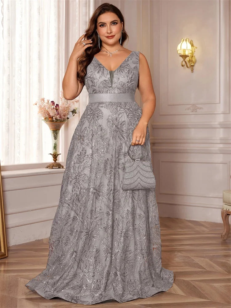 Plus Size Luxury Deep V-Neck Sequins Blue Evening Dress Women Elegant V-back Wedding Party Long Prom Cocktail Dresses