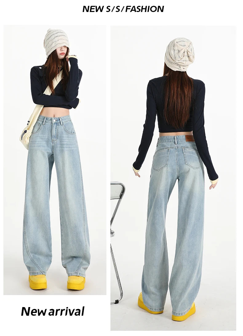 Woman Jeans High Waist Wide Leg Cotton Denim Clothing Design Sense Straight Pant Fashion Comfort White Retro Blue Casual Trouser