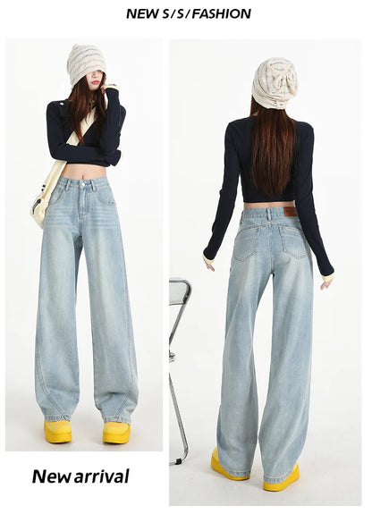 Woman Jeans High Waist Wide Leg Cotton Denim Clothing Design Sense Straight Pant Fashion Comfort White Retro Blue Casual Trouser
