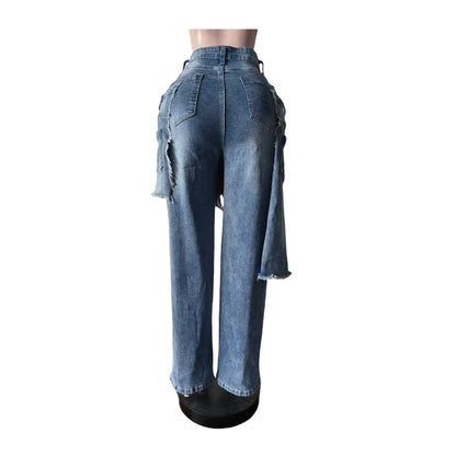 Fashion Denim Pants Women Street Wear New 2025 Fall Winter Stretch Vintage Y2k Trousers Apron Overup Ripped Straight Leg Jeans
