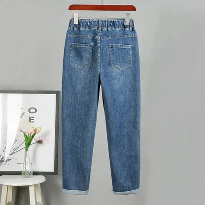 2025 Fashion Women's Jeans Spring Autumn Denim Harem Pants Loose Large-size Elastic-waist Vintage Casual Trousers Female Jeans