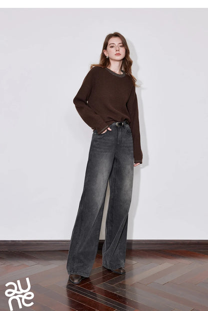 TOYOUTH Women Denim Jeans 2024 Autumn Winter New Mide Waist Straight Wide Leg Long Pants