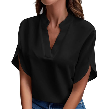 Summer Tops For Women Blouse 2024 Fashion Short Sleeve Solid V Neck Loose Shirts And Blouses Elegant Laies White Tops
