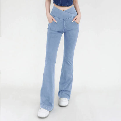 Yoga Jeans for Women Denim Pants Sexy Flared Trousers Lady Pants Hip Lifting and Cross Waist Design Indoor Sports Outdoor Flared