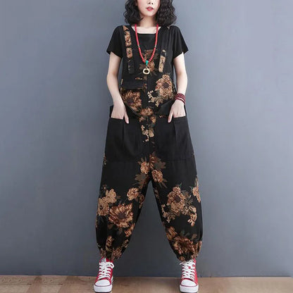 Women's Nine Split Jeans Overalls, Casual Female Print Jumpsuit, Loose Bloomers, Oversized Rompers, Suspenders, Fashion, Spring,