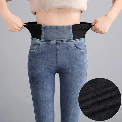 High-waisted Jeans Women's Trousers Autumn and Winter New Slim-fitting Elastic-waisted Trousers with Velvet