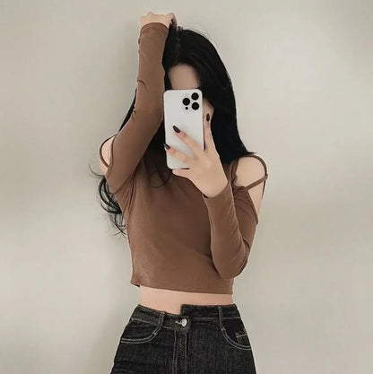 Tops Woman Slim Off Shoulder Sexy Crop Brown Long Sleeve T Shirt for Women Turtleneck Clothing Female Harajuku Fashion Korean
