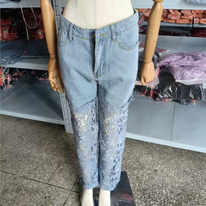 Fashion Elegant Jeans for Women High Waist Lace Patchwork Pantalones Hollow Out Oversized Spring Casual Loose All Match Pants