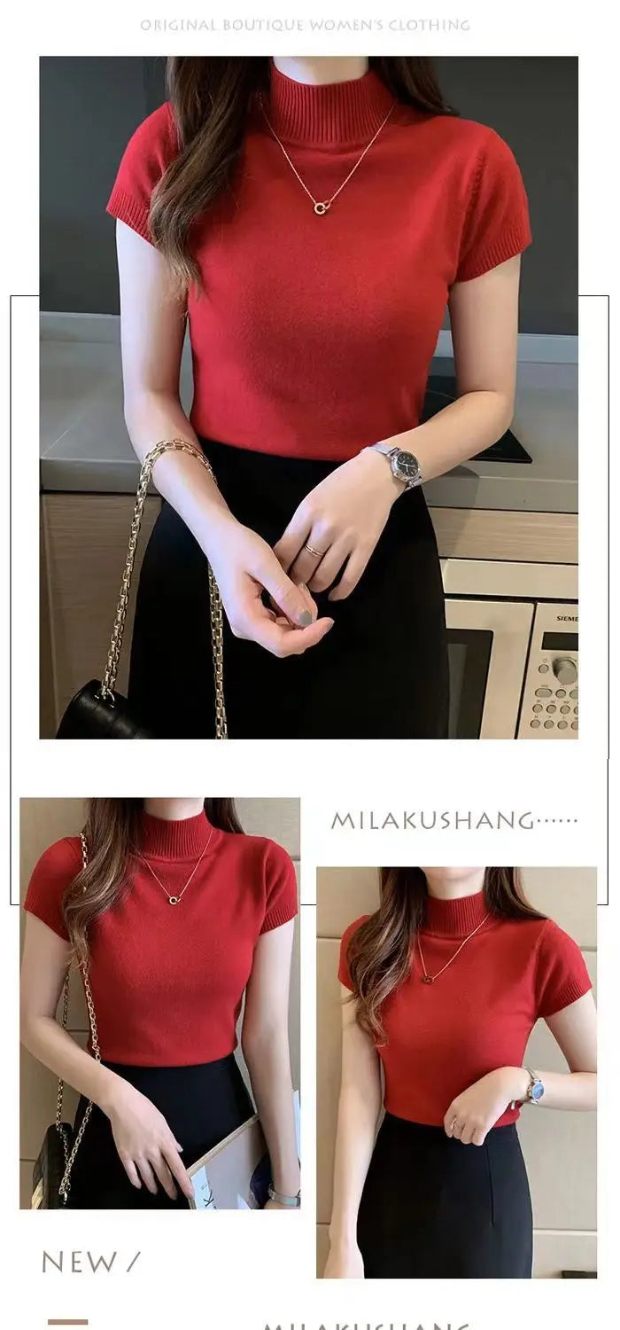 Womens Tops And Blouses Summer Short Sleeve Blouse Women Blusas Mujer De Moda 2023 Turtleneck Knitted Blouse Shirt Tops