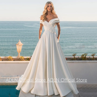 Modern Wedding Dress New Arrival Customized Off The Shoulder V Neck Flowers A Line Sweep Train Bridal Gown Back Buttons