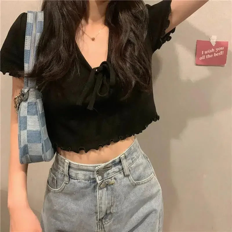 Tops Woman Short Sleeve T Shirt for Women V Neck New in Knitwears Plain Sexy Crop Korean Fashion Reviews Clothes Many Polyester