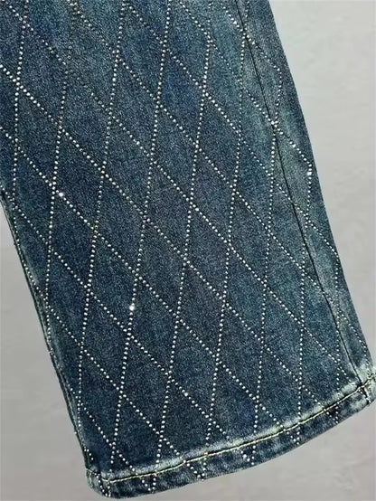 Fashion Women's Jeans High Waist One Side Plaid Shape Diamonds Wide Leg Denim Pants 2025 New Classic Straight Trousers