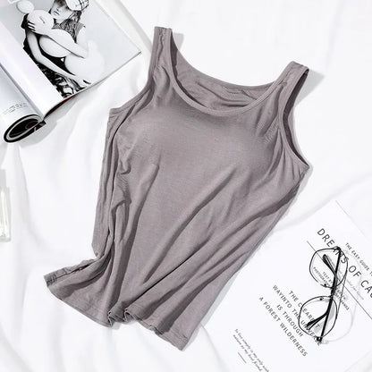 2023 Women's Vest Tops with Built In Bra Neck Vest Solid Color Padded Slim Fit Tank Tops Sexy Shirts Feminino Casual Tank Tops