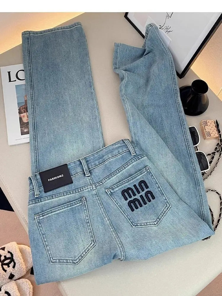 Letter Embroidered Straight-leg Jeans Women's Spring New High-waisted and Thin Loose Light Blue Straight-leg Pants