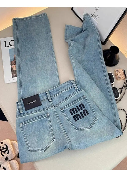 Letter Embroidered Straight-leg Jeans Women's Spring New High-waisted and Thin Loose Light Blue Straight-leg Pants