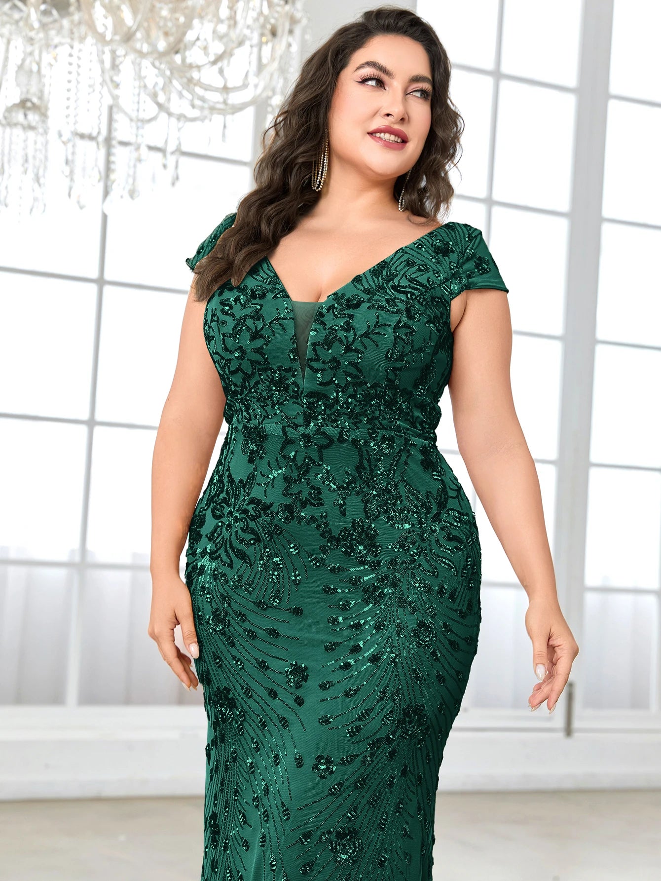 Plus Size Elegant Blue Evening Dress For Women 2024 Luxury Long Mermaid Formal Sequins V-neck Prom Wedding Party Gown