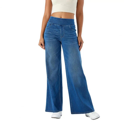Women Jeans With Pockets Elastic High Waist Solid Color Full Length Pants Straight Wide Leg Trousers Sweatpant Daily Commuting