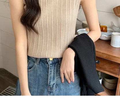 Sleeveless Blouse Shirt Women O-neck Rib Knit Vest Tank Plain Vest Tops Summer Female Basic Casual Tops Outfit