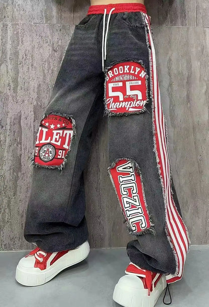 European Style Women's Jeans 2025 Autumn New Heavy-Duty Distressed Frayed Edge Letter Print Drawstring Long Pants Jeans Woman