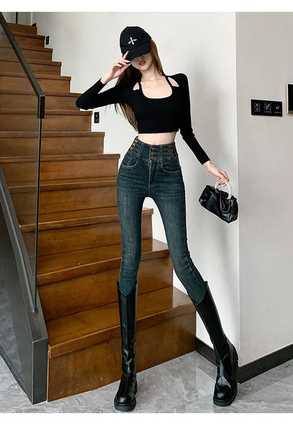 winter warm thick fleece woman's jeans with high waist jeans woman mom jeans women's jeans for women jean femme clothe black