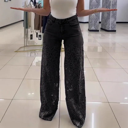 Fashion Elegant Jeans for Women High Waist Lace Patchwork Pantalones Hollow Out Oversized Spring Casual Loose All Match Pants
